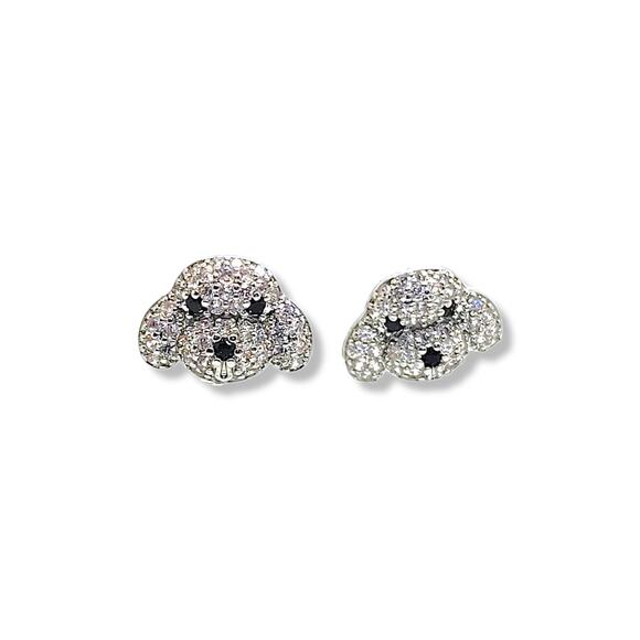 Round White and Black Cubic Zirconia Silver Doggy Face Earrings - Picture 4 of 9